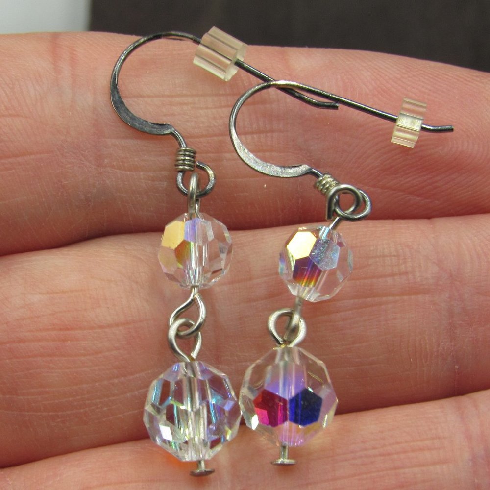 Sterling Silver Rustic Odd Crystal Dangle Earrings - image 1